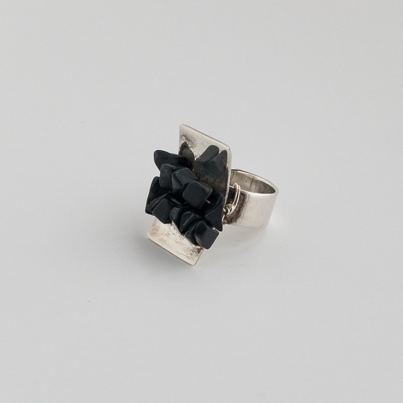 Vintage Modernist Sterling Silver Black Onyx Stone Chip Ring Handmade 925 Size 6 - Picture 4 of 10